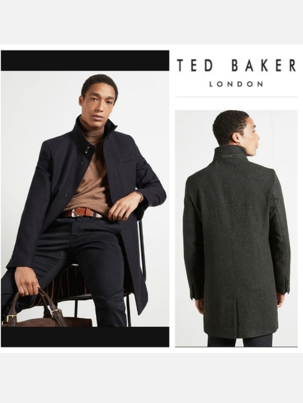 Ted Baker London ROCKIES Wool Blend Funnel Neck Coat in Charcoal Sz 6 US XXL